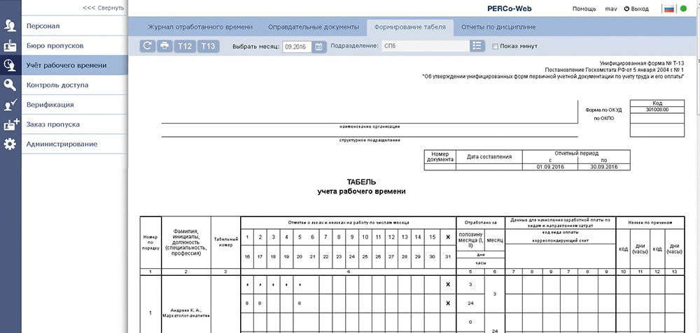 Выписка из табеля учета рабочего времени образец excel