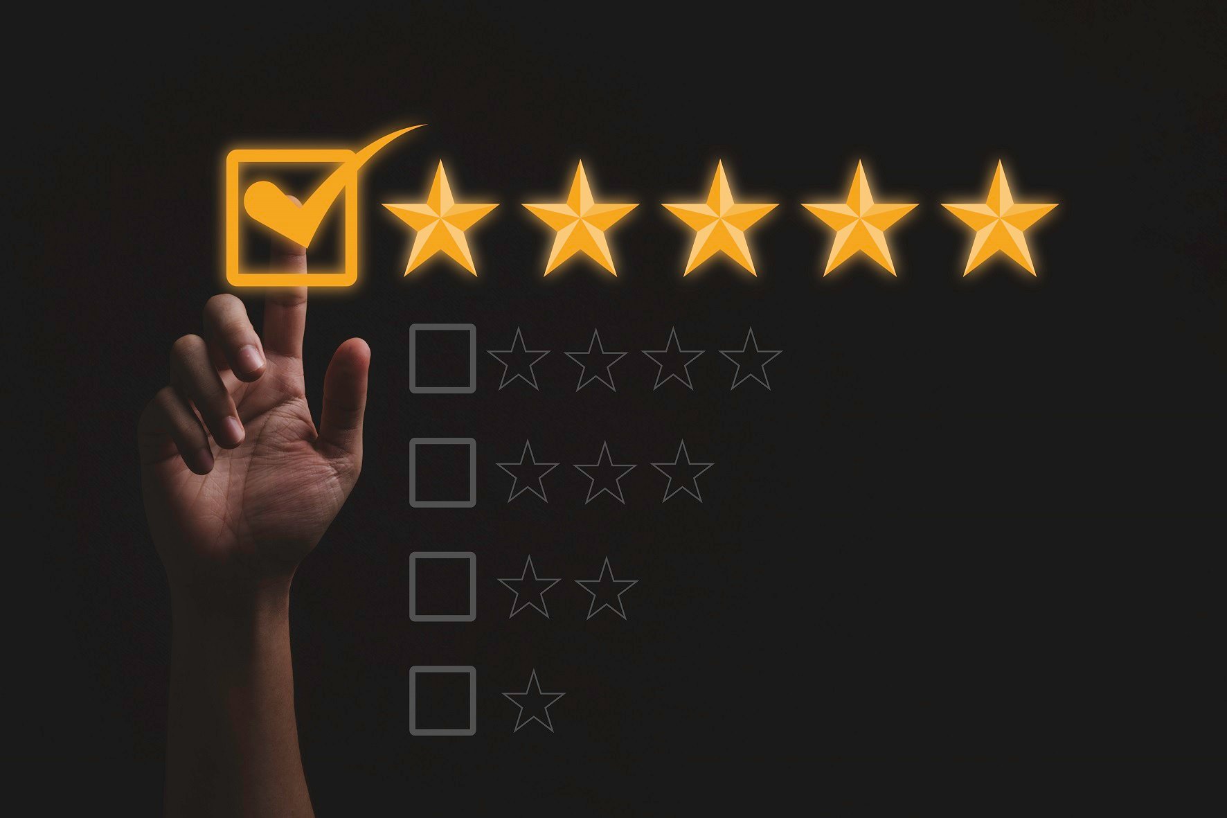 hand-touching-and-doing-mark-to-five-yellow-stars-on-black-background-the-best-customer-satisfaction-and-evaluation-for-good-quality-product-and-service